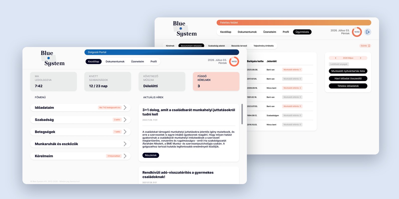 The blue employee dashboard in front of the orange superior view of the Blue System HR platform